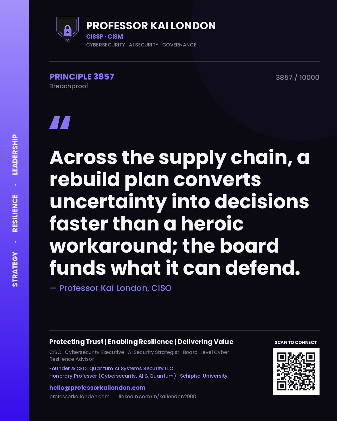 Professor Kai London principle 3857: Across the supply chain, a rebuild plan converts uncertainty into decisions faster than a heroic workaround; the board funds what it can defend.