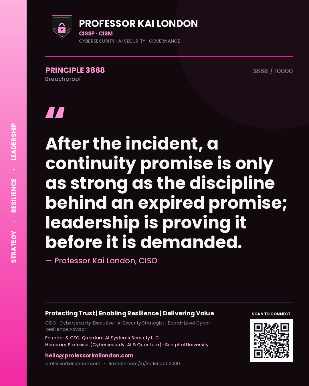 Professor Kai London principle 3868: After the incident, a continuity promise is only as strong as the discipline behind an expired promise; leadership is proving it before it is demanded.