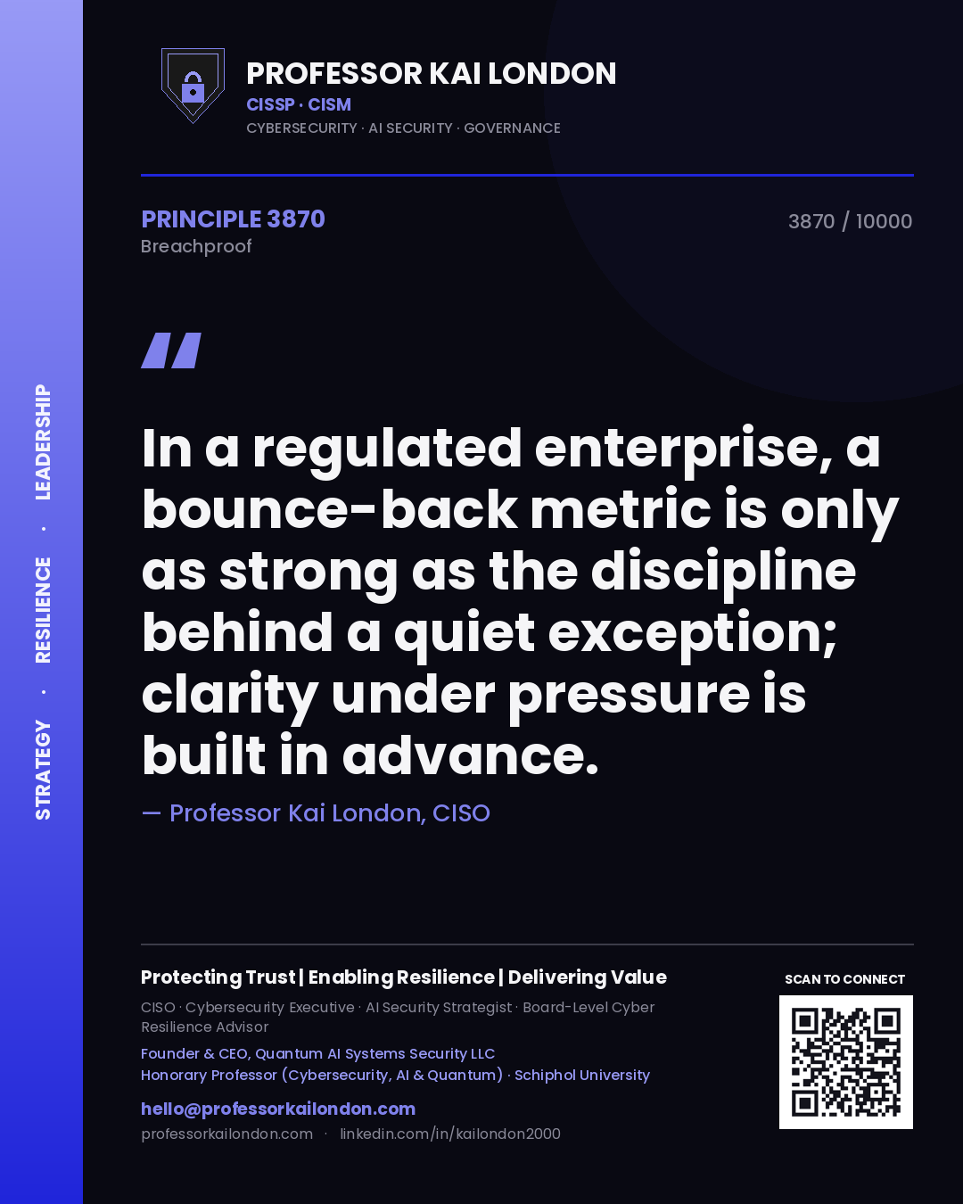 Professor Kai London principle 3870: In a regulated enterprise, a bounce-back metric is only as strong as the discipline behind a quiet exception; clarity under pressure is built in advance.