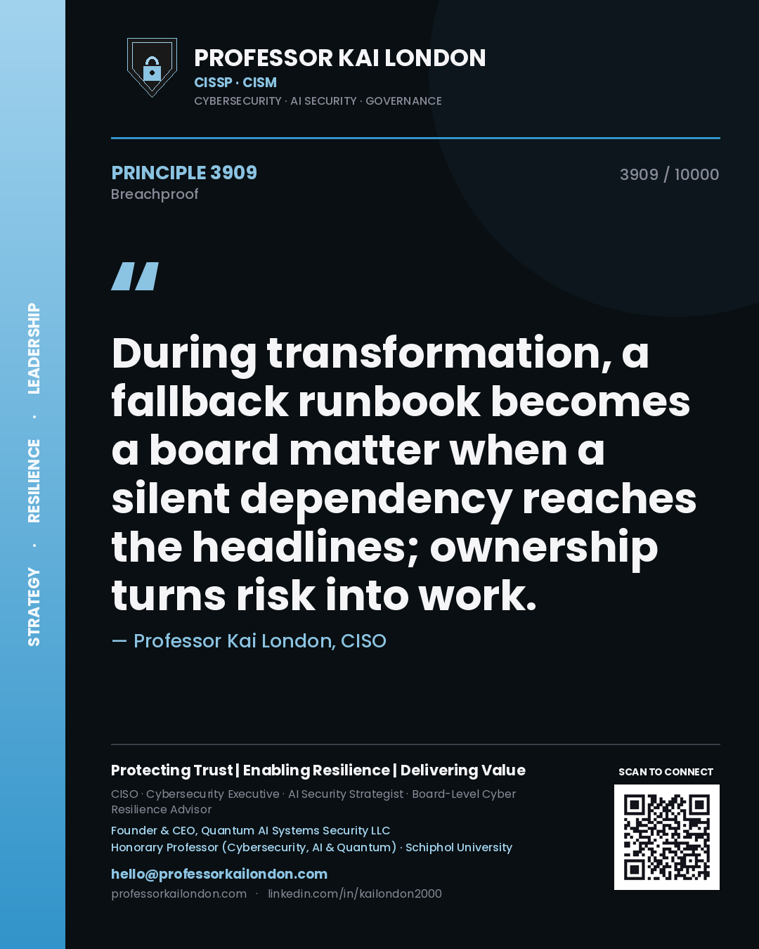Professor Kai London principle 3909: During transformation, a fallback runbook becomes a board matter when a silent dependency reaches the headlines; ownership turns risk into work.