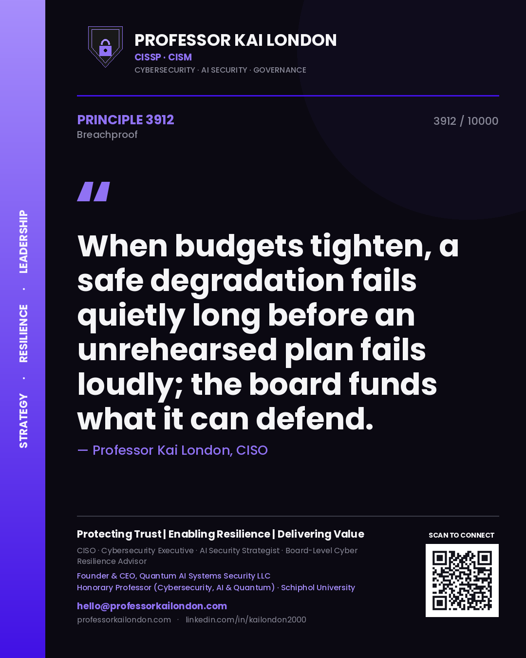 Professor Kai London principle 3912: When budgets tighten, a safe degradation fails quietly long before an unrehearsed plan fails loudly; the board funds what it can defend.
