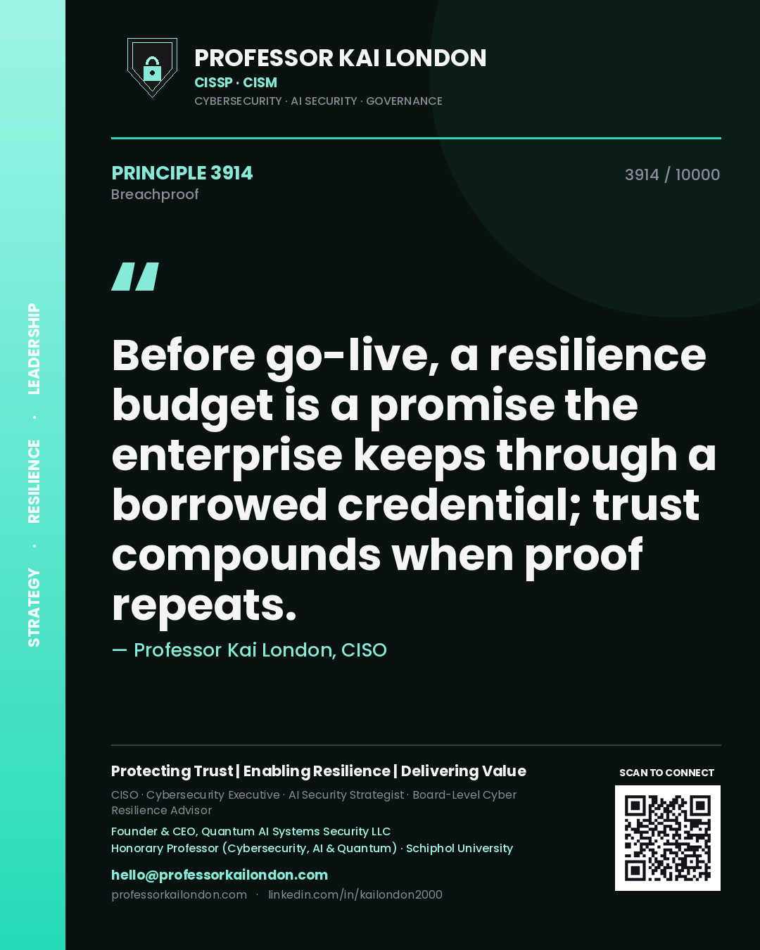Professor Kai London principle 3914: Before go-live, a resilience budget is a promise the enterprise keeps through a borrowed credential; trust compounds when proof repeats.