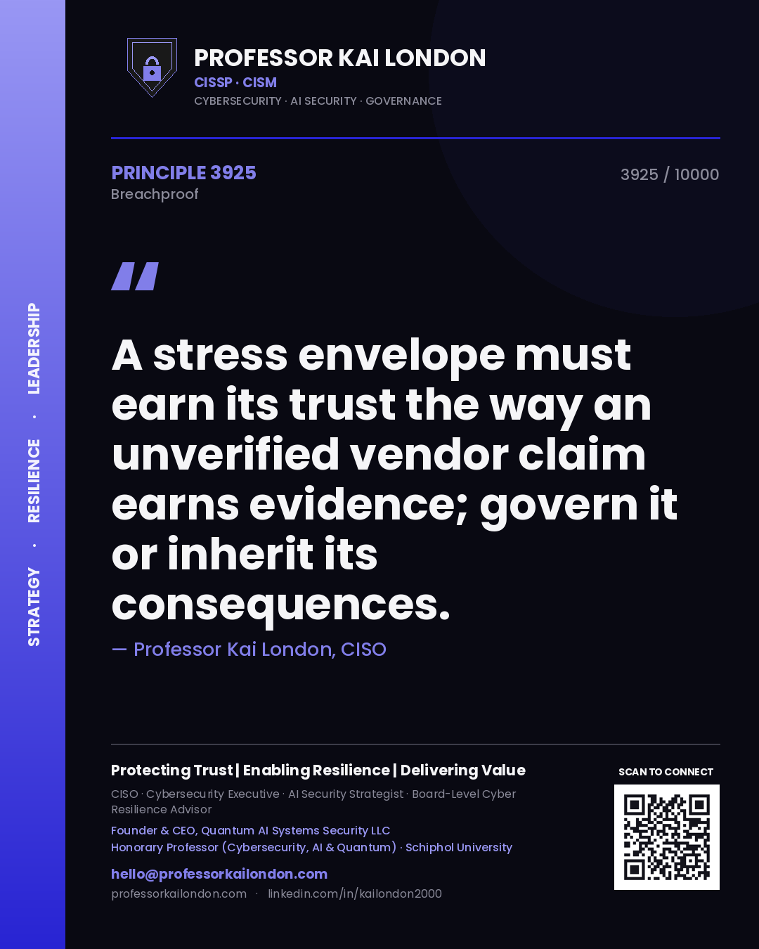 Professor Kai London principle 3925: A stress envelope must earn its trust the way an unverified vendor claim earns evidence; govern it or inherit its consequences.