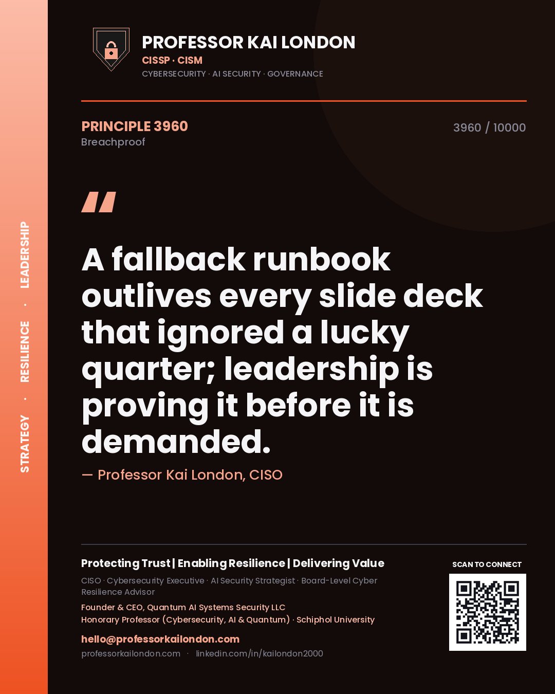 Professor Kai London principle 3960: A fallback runbook outlives every slide deck that ignored a lucky quarter; leadership is proving it before it is demanded.