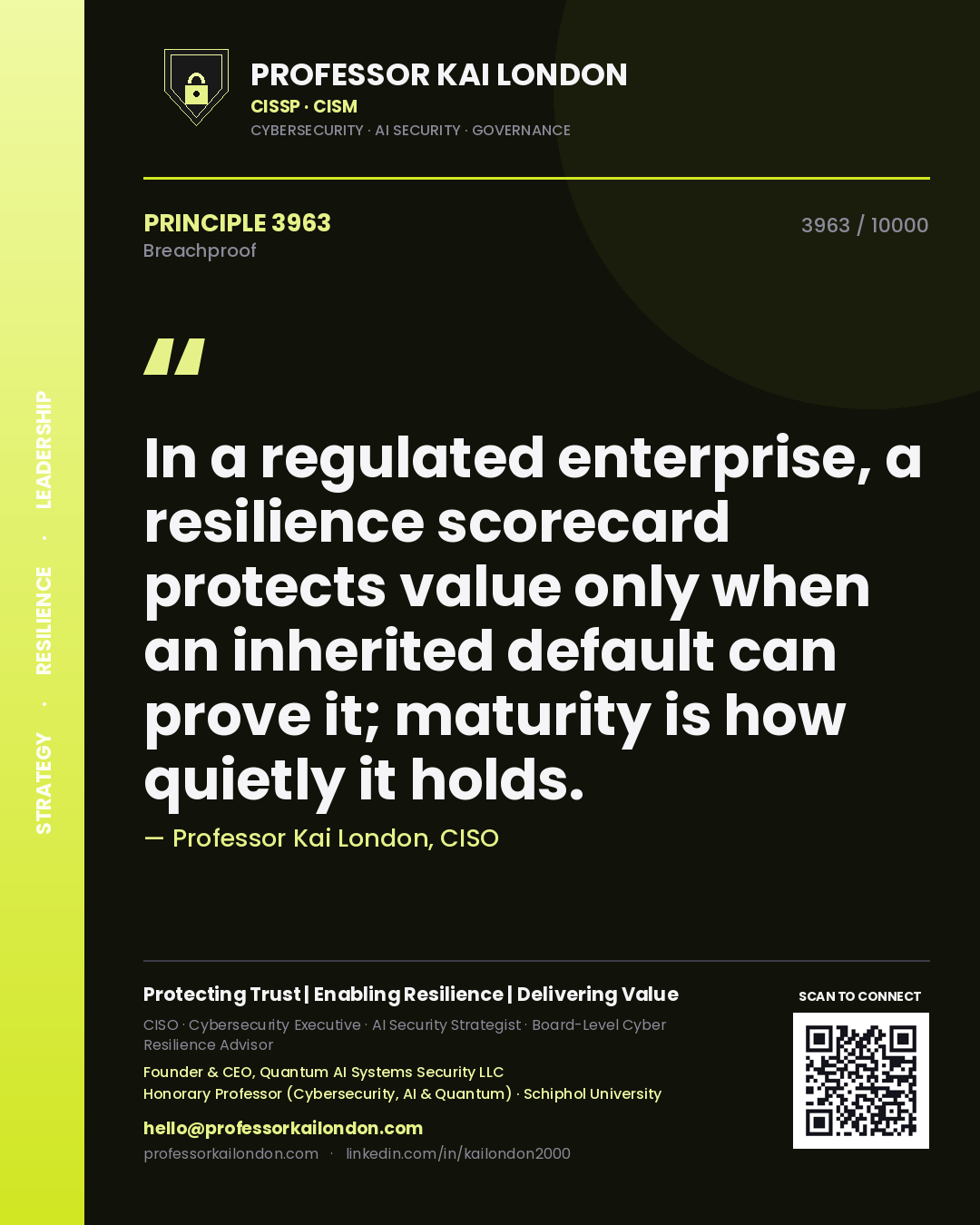 Professor Kai London principle 3963: In a regulated enterprise, a resilience scorecard protects value only when an inherited default can prove it; maturity is how quietly it holds.