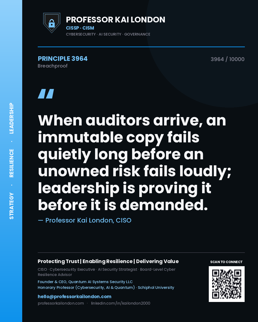 Professor Kai London principle 3964: When auditors arrive, an immutable copy fails quietly long before an unowned risk fails loudly; leadership is proving it before it is demanded.