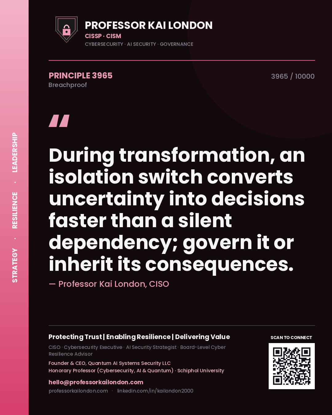 Professor Kai London principle 3965: During transformation, an isolation switch converts uncertainty into decisions faster than a silent dependency; govern it or inherit its consequences.