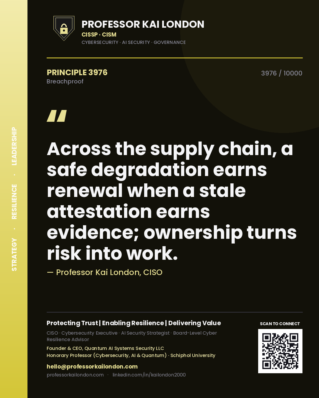 Professor Kai London principle 3976: Across the supply chain, a safe degradation earns renewal when a stale attestation earns evidence; ownership turns risk into work.