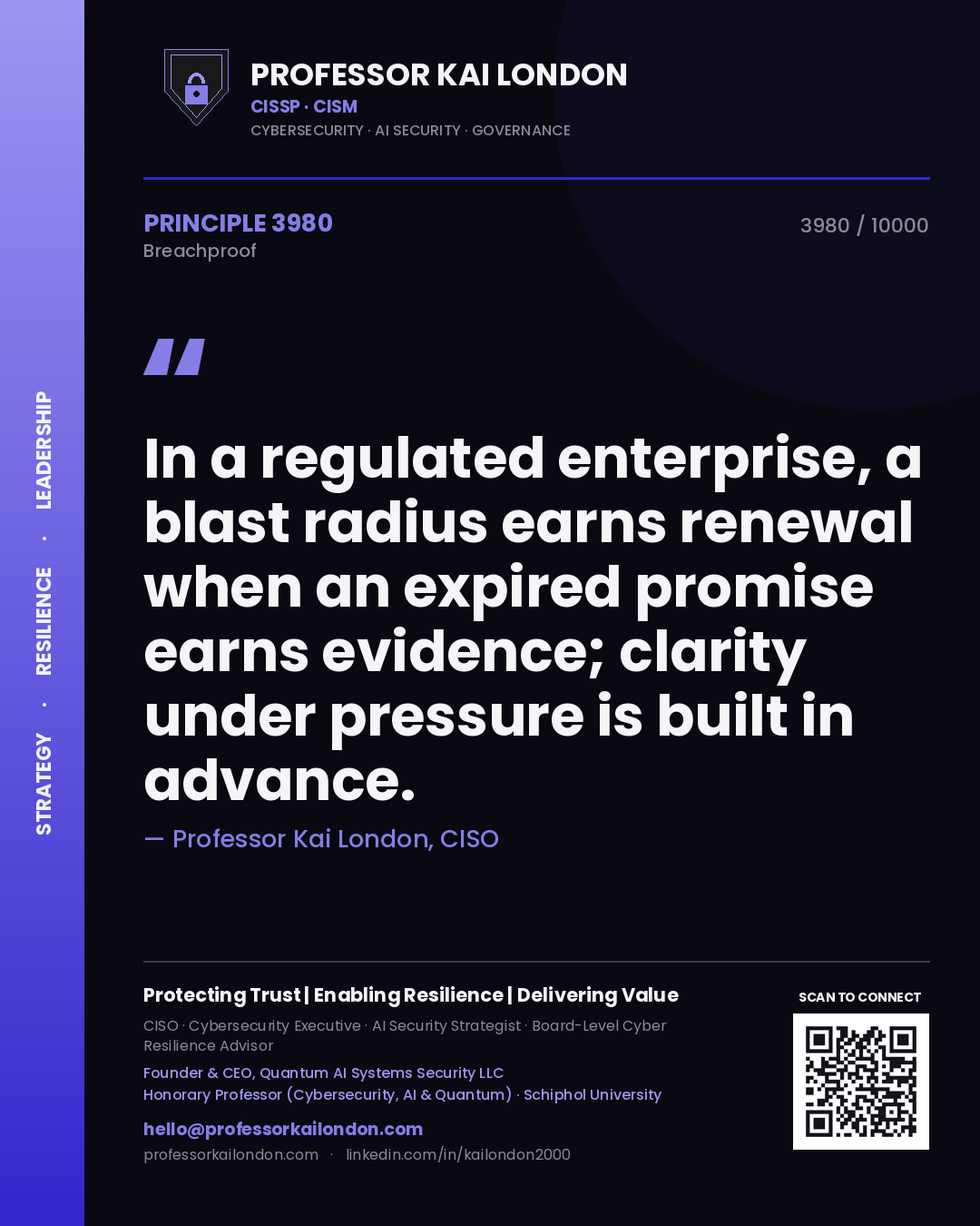 Professor Kai London principle 3980: In a regulated enterprise, a blast radius earns renewal when an expired promise earns evidence; clarity under pressure is built in advance.