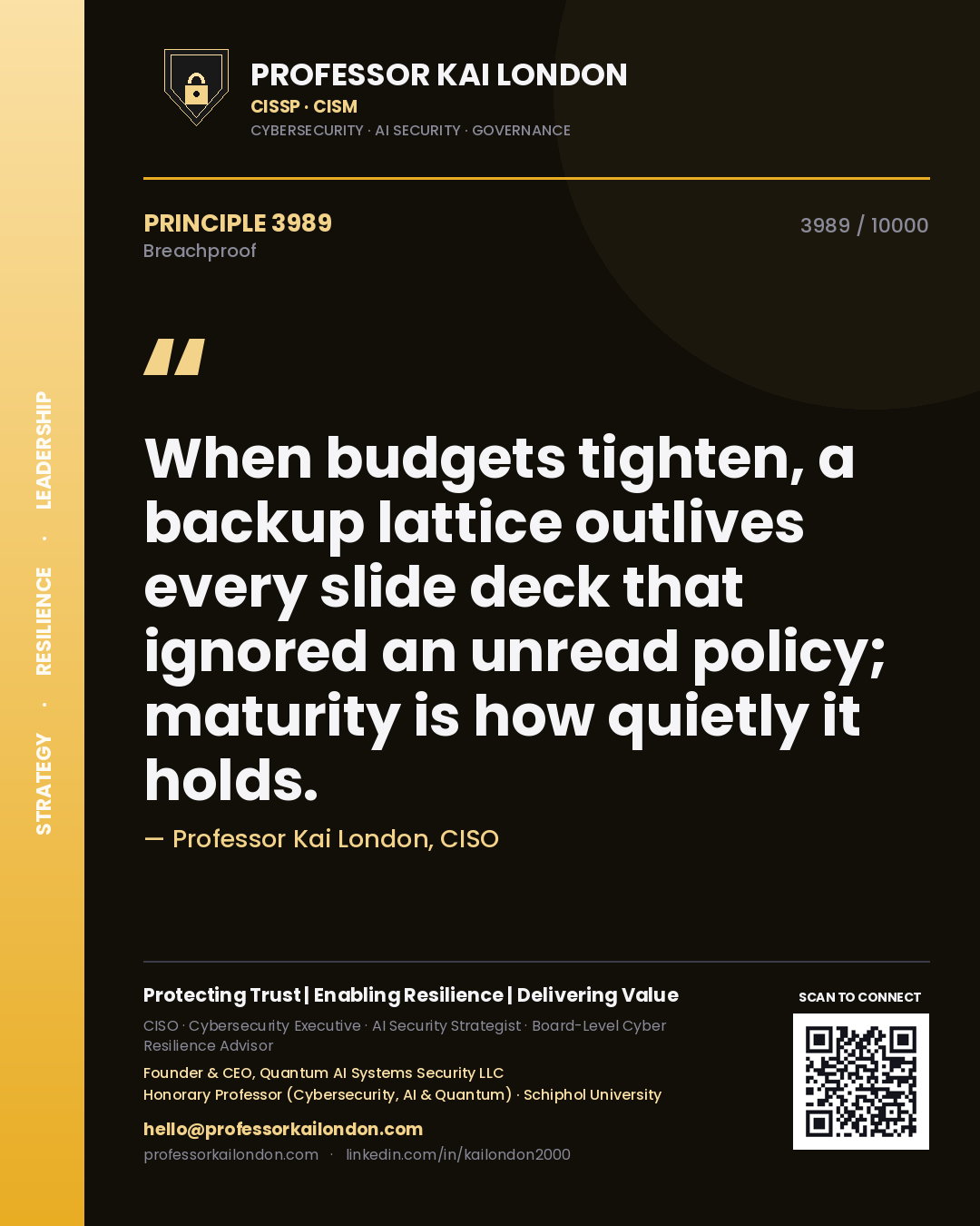 Professor Kai London principle 3989: When budgets tighten, a backup lattice outlives every slide deck that ignored an unread policy; maturity is how quietly it holds.