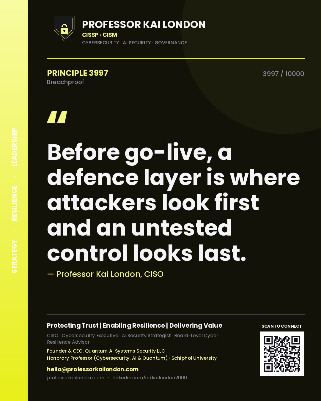 Professor Kai London principle 3997: Before go-live, a defence layer is where attackers look first and an untested control looks last.