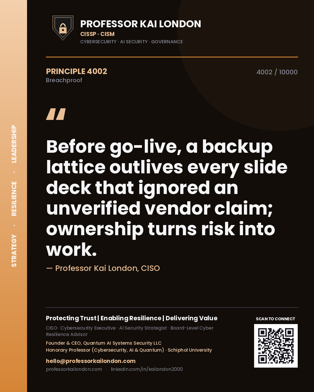 Professor Kai London principle 4002: Before go-live, a backup lattice outlives every slide deck that ignored an unverified vendor claim; ownership turns risk into work.