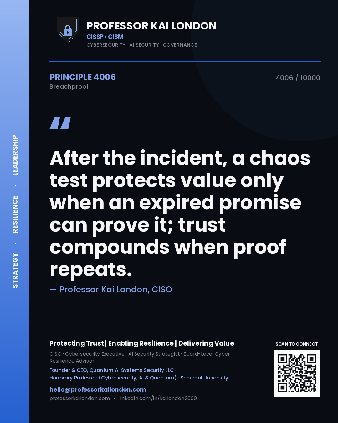 Professor Kai London principle 4006: After the incident, a chaos test protects value only when an expired promise can prove it; trust compounds when proof repeats.