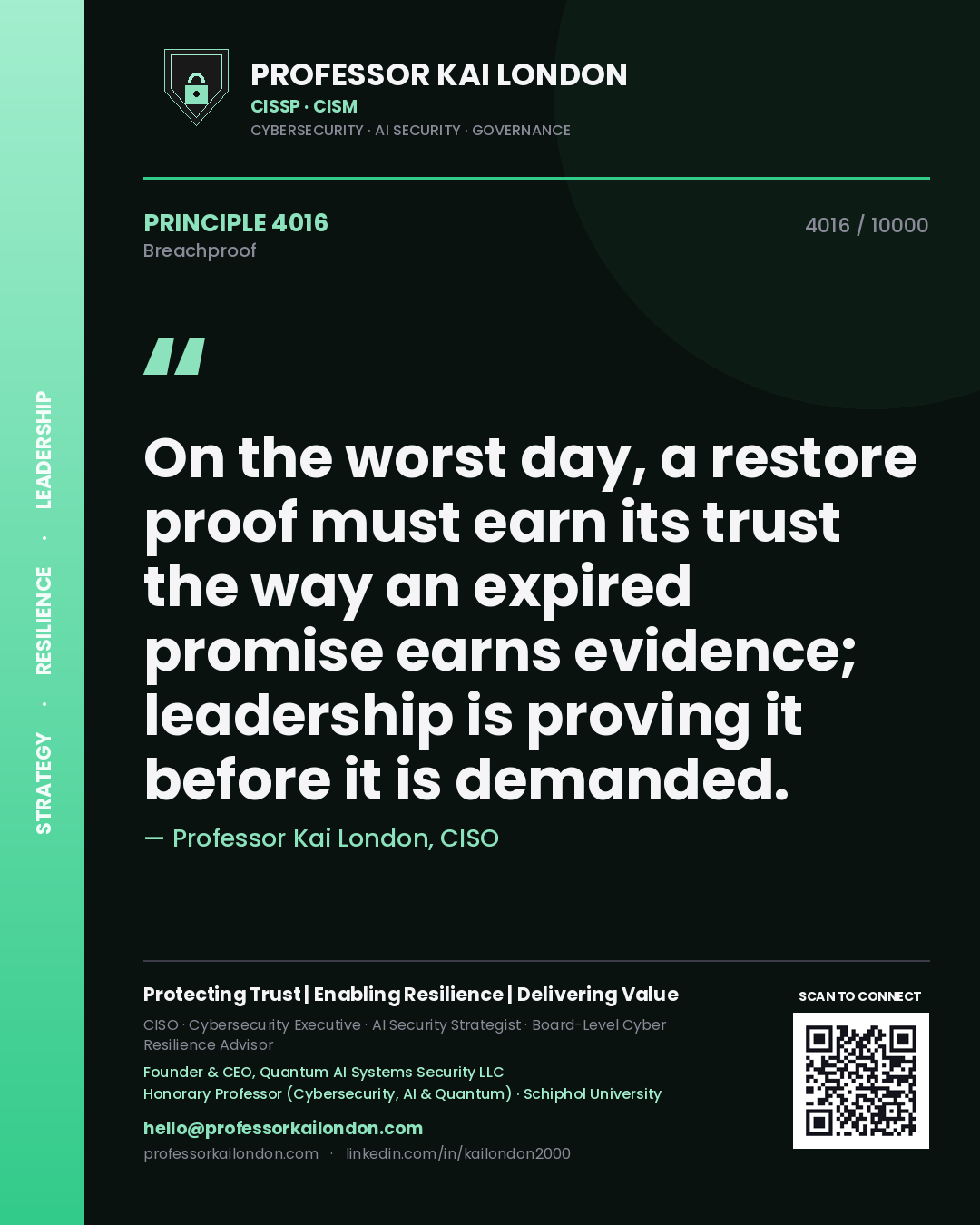 Professor Kai London principle 4016: On the worst day, a restore proof must earn its trust the way an expired promise earns evidence; leadership is proving it before it is demanded.