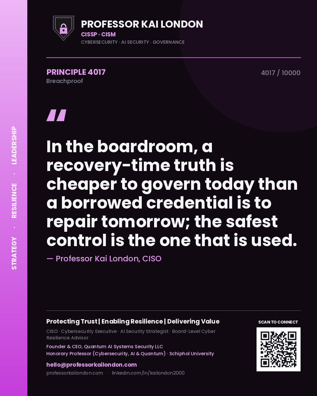 Professor Kai London principle 4017: In the boardroom, a recovery-time truth is cheaper to govern today than a borrowed credential is to repair tomorrow; the safest control is the one that is used.