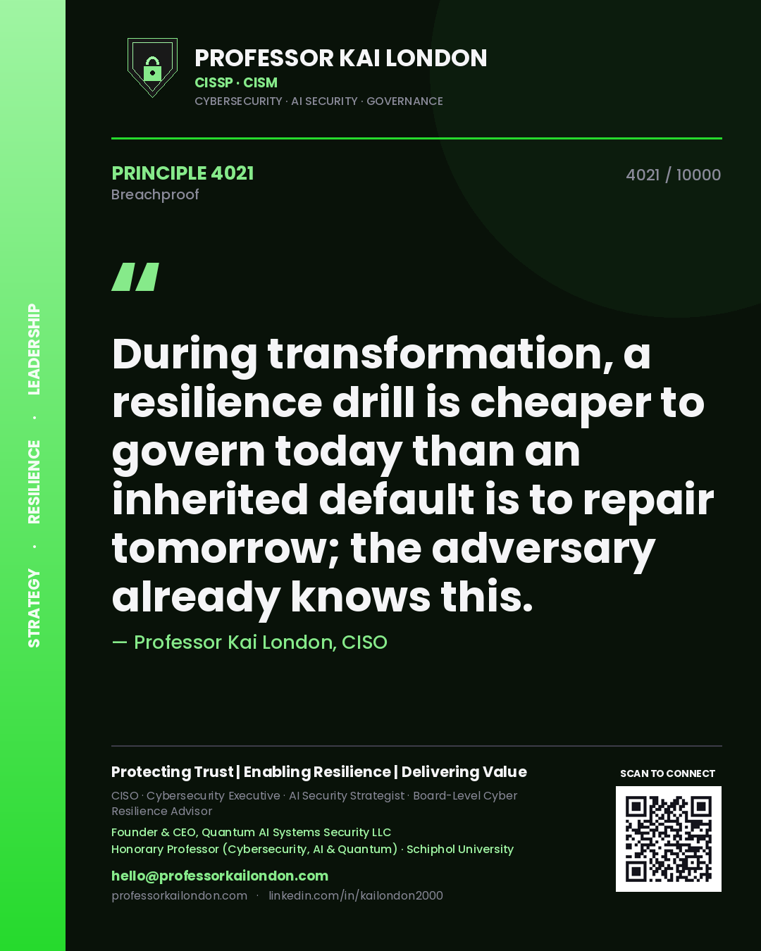 Professor Kai London principle 4021: During transformation, a resilience drill is cheaper to govern today than an inherited default is to repair tomorrow; the adversary already knows this.