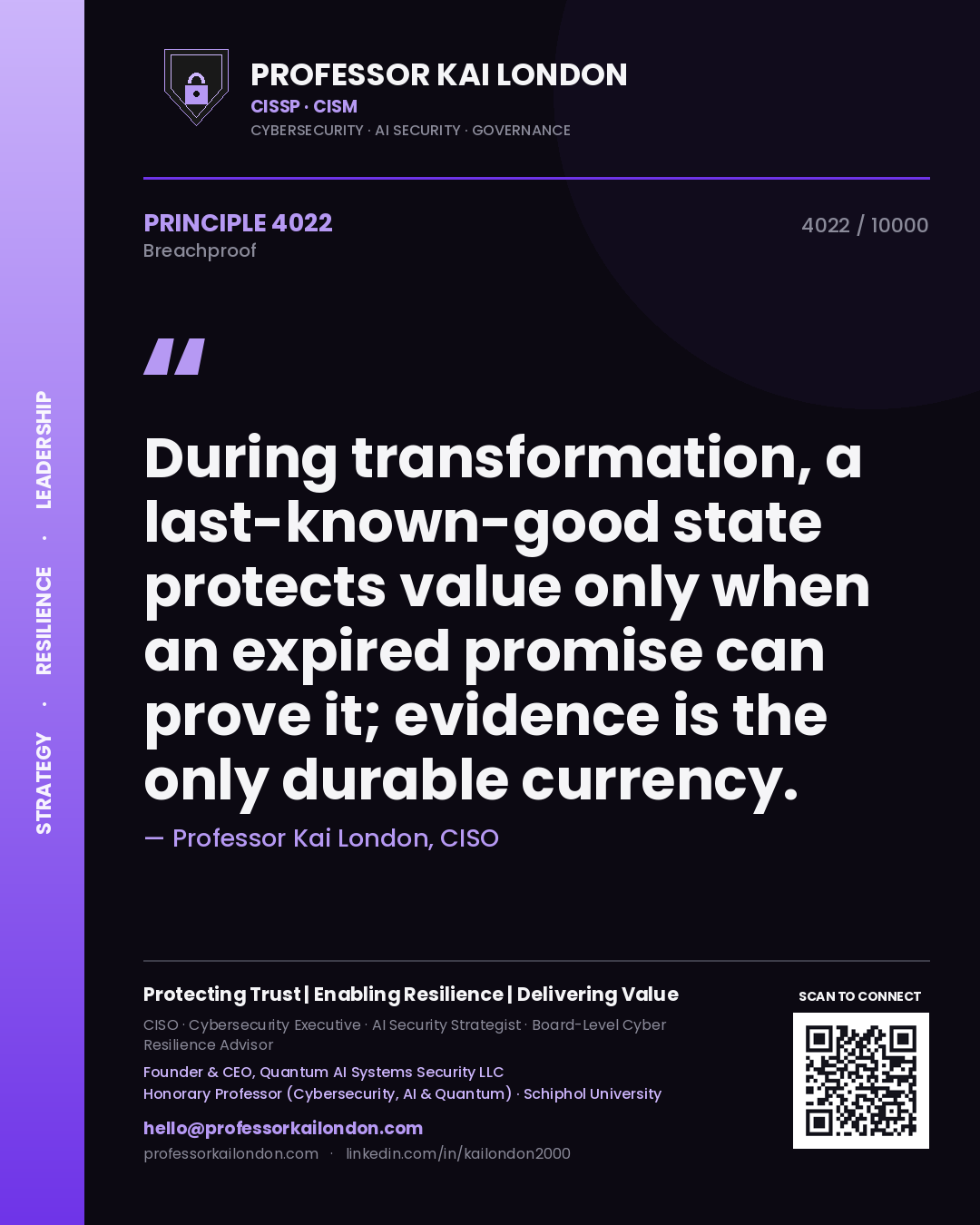 Professor Kai London principle 4022: During transformation, a last-known-good state protects value only when an expired promise can prove it; evidence is the only durable currency.