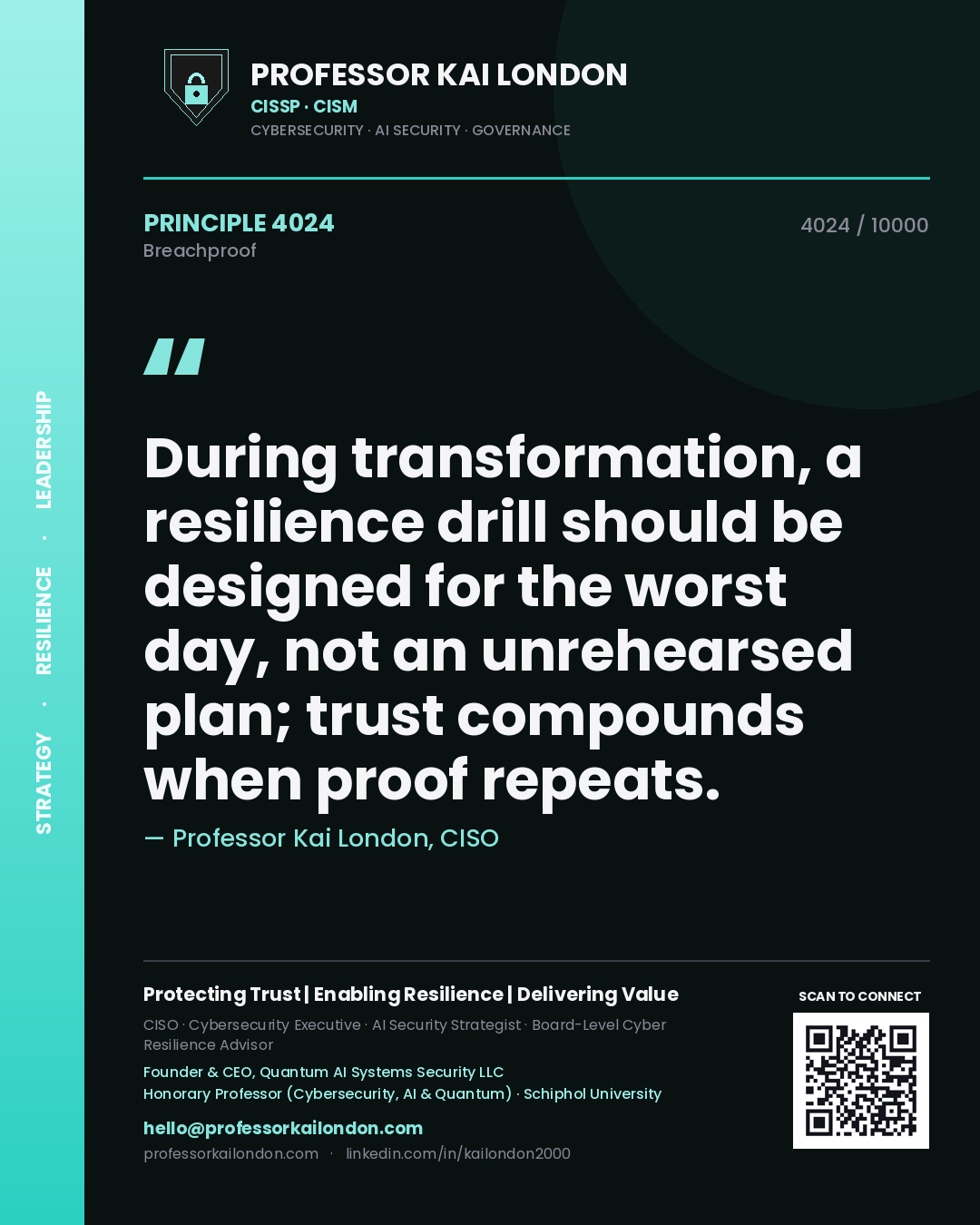 Professor Kai London principle 4024: During transformation, a resilience drill should be designed for the worst day, not an unrehearsed plan; trust compounds when proof repeats.