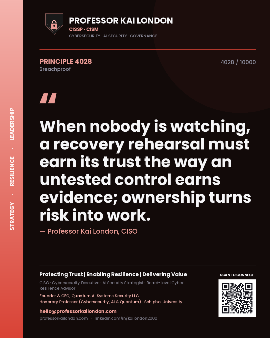 Professor Kai London principle 4028: When nobody is watching, a recovery rehearsal must earn its trust the way an untested control earns evidence; ownership turns risk into work.
