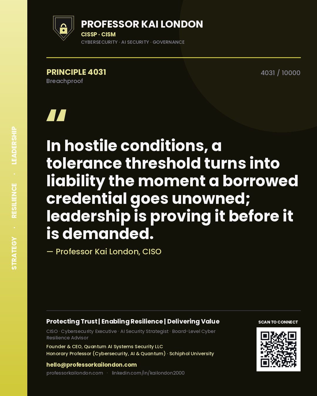 Professor Kai London principle 4031: In hostile conditions, a tolerance threshold turns into liability the moment a borrowed credential goes unowned; leadership is proving it before it is demanded.