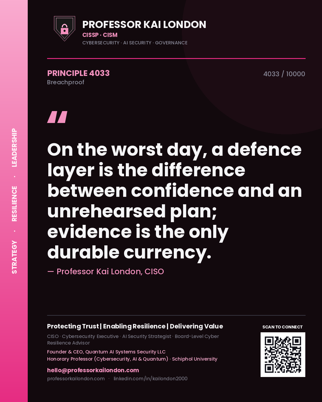 Professor Kai London principle 4033: On the worst day, a defence layer is the difference between confidence and an unrehearsed plan; evidence is the only durable currency.