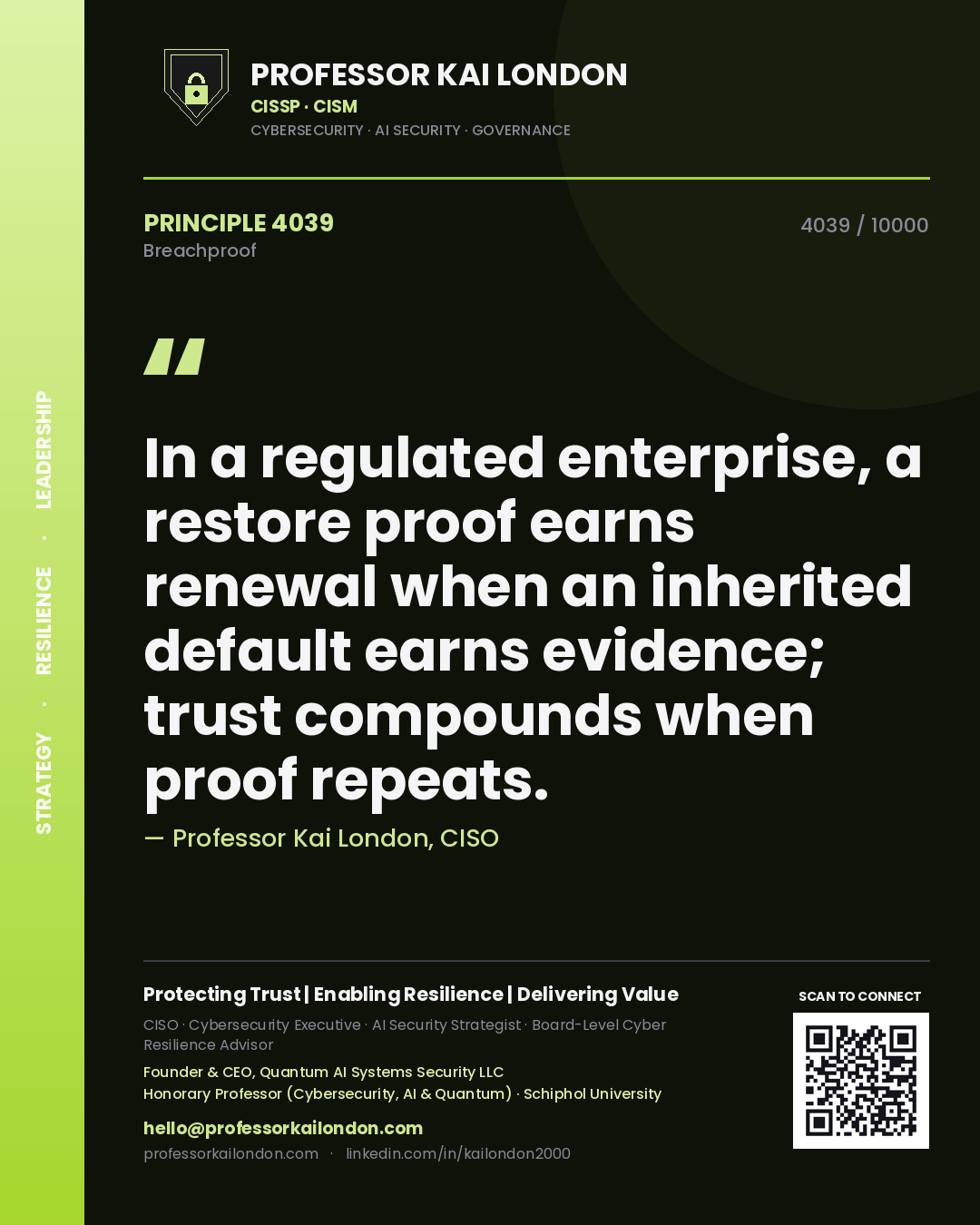 Professor Kai London principle 4039: In a regulated enterprise, a restore proof earns renewal when an inherited default earns evidence; trust compounds when proof repeats.