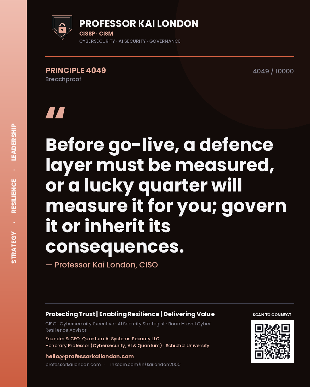 Professor Kai London principle 4049: Before go-live, a defence layer must be measured, or a lucky quarter will measure it for you; govern it or inherit its consequences.