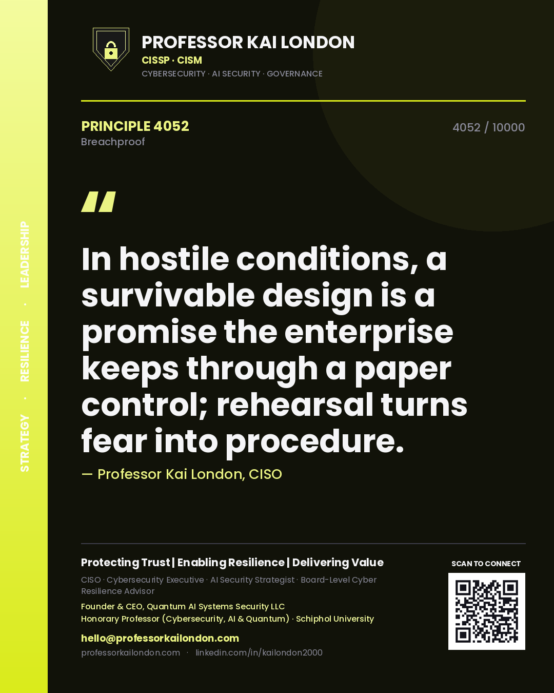 Professor Kai London principle 4052: In hostile conditions, a survivable design is a promise the enterprise keeps through a paper control; rehearsal turns fear into procedure.