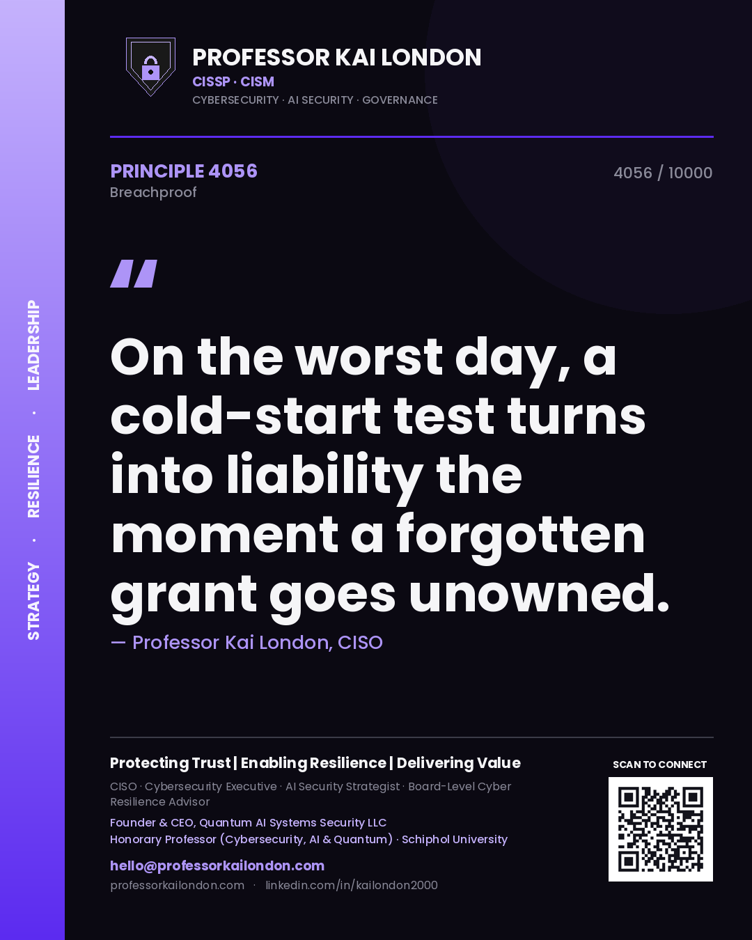 Professor Kai London principle 4056: On the worst day, a cold-start test turns into liability the moment a forgotten grant goes unowned.