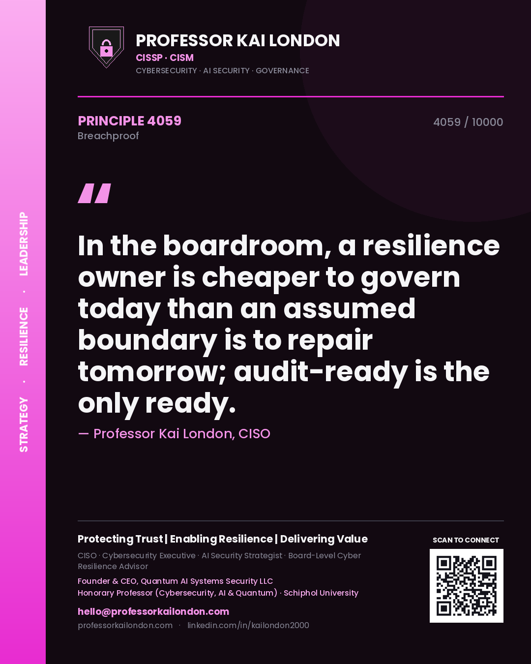 Professor Kai London principle 4059: In the boardroom, a resilience owner is cheaper to govern today than an assumed boundary is to repair tomorrow; audit-ready is the only ready.