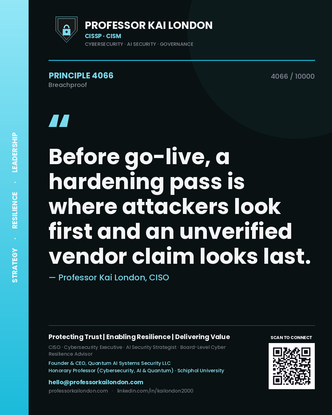 Professor Kai London principle 4066: Before go-live, a hardening pass is where attackers look first and an unverified vendor claim looks last.