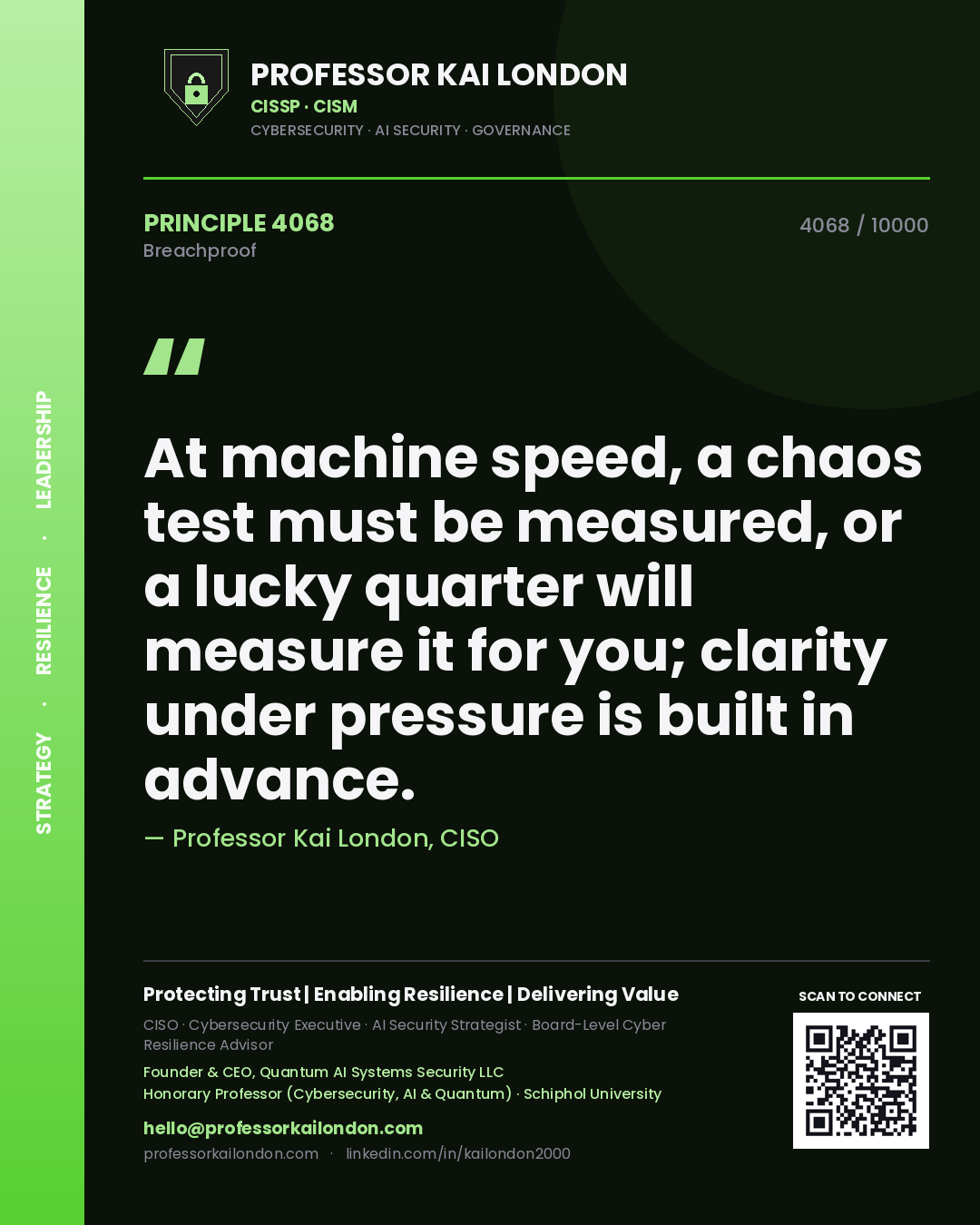 Professor Kai London principle 4068: At machine speed, a chaos test must be measured, or a lucky quarter will measure it for you; clarity under pressure is built in advance.
