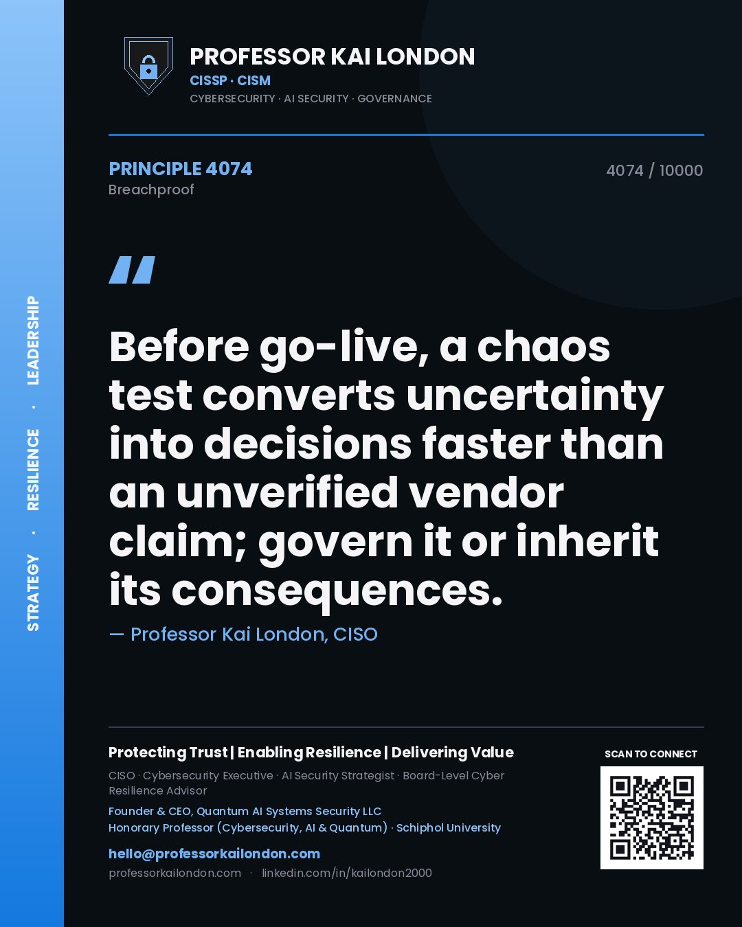 Professor Kai London principle 4074: Before go-live, a chaos test converts uncertainty into decisions faster than an unverified vendor claim; govern it or inherit its consequences.