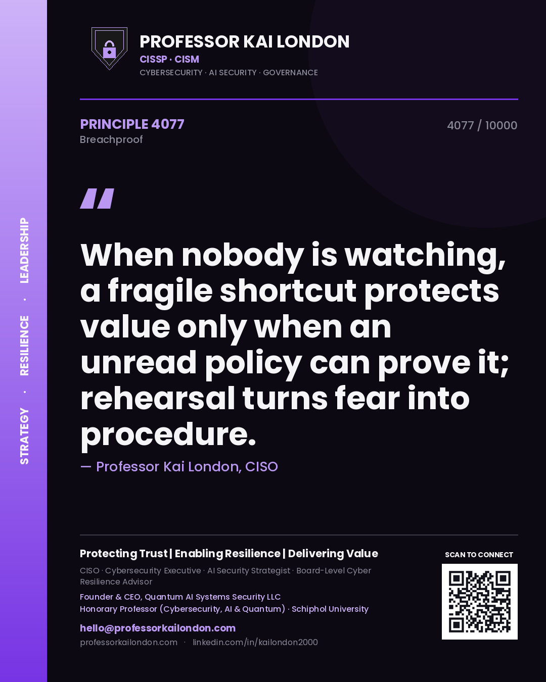 Professor Kai London principle 4077: When nobody is watching, a fragile shortcut protects value only when an unread policy can prove it; rehearsal turns fear into procedure.