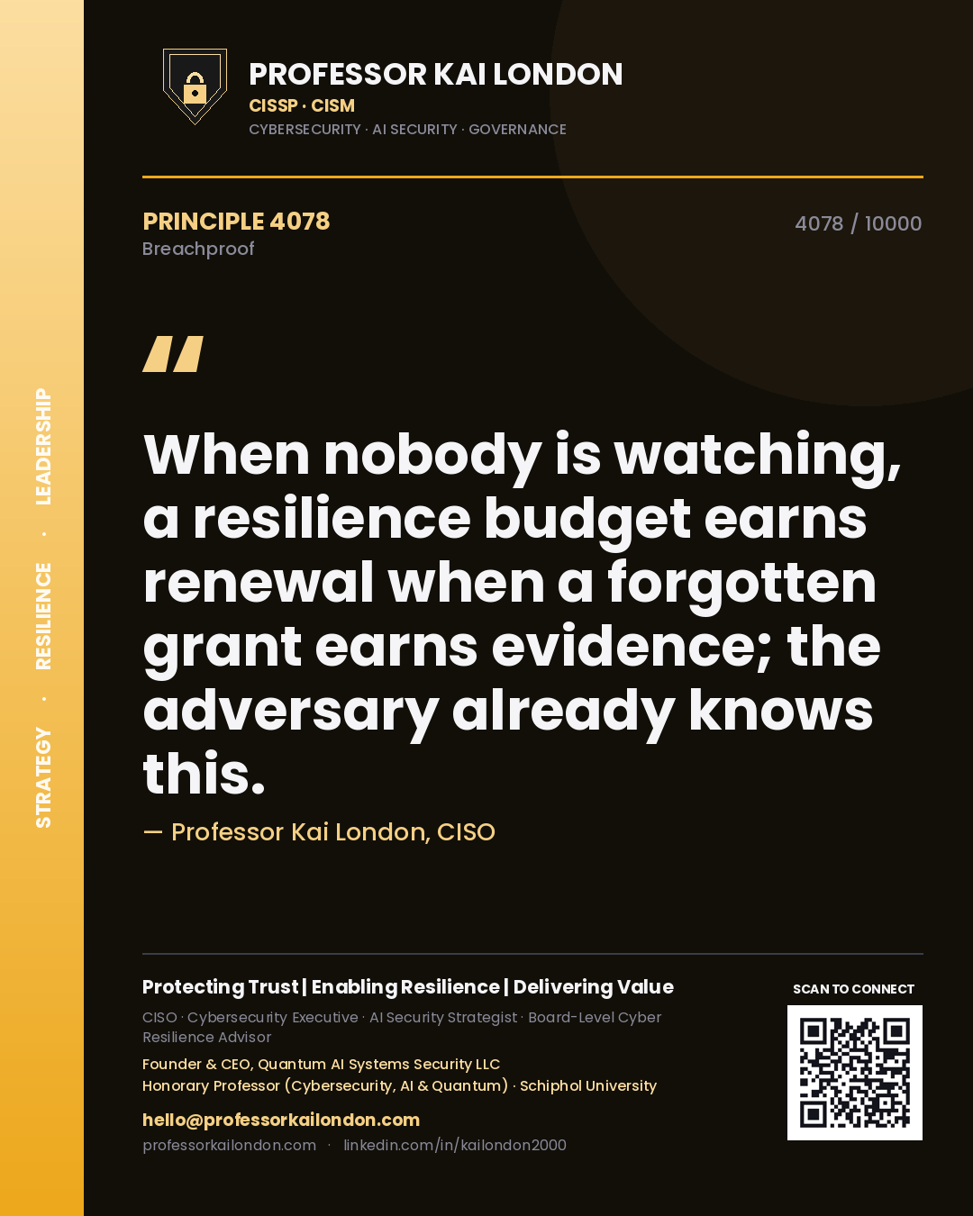 Professor Kai London principle 4078: When nobody is watching, a resilience budget earns renewal when a forgotten grant earns evidence; the adversary already knows this.