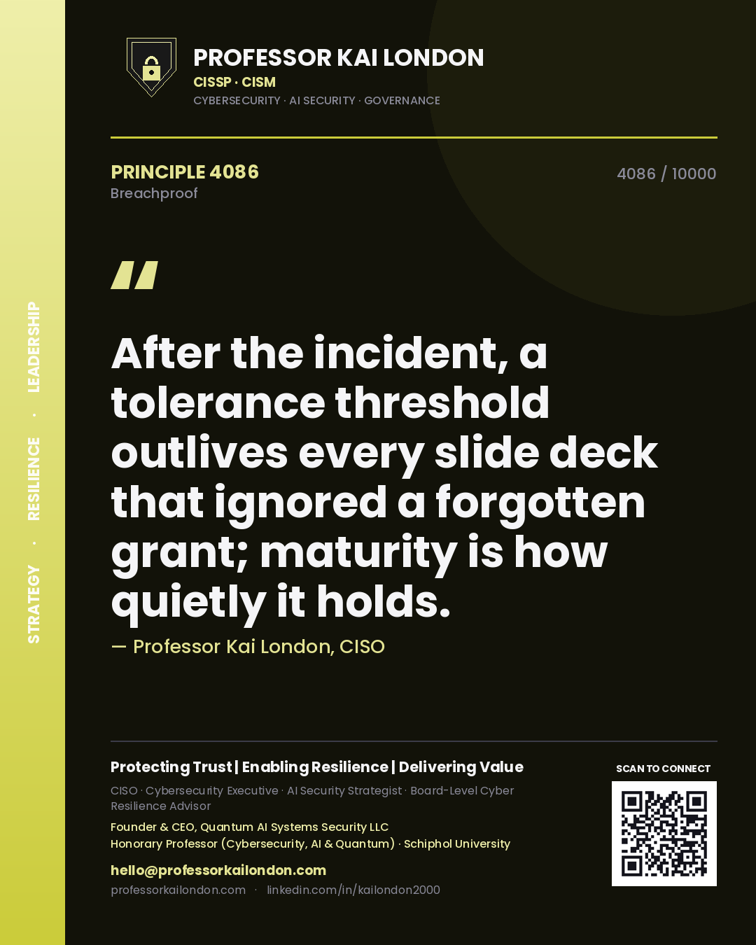 Professor Kai London principle 4086: After the incident, a tolerance threshold outlives every slide deck that ignored a forgotten grant; maturity is how quietly it holds.
