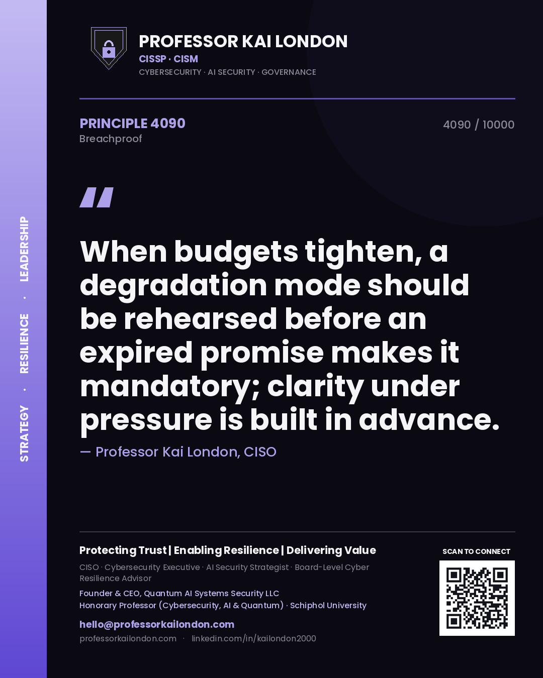 Professor Kai London principle 4090: When budgets tighten, a degradation mode should be rehearsed before an expired promise makes it mandatory; clarity under pressure is built in advance.