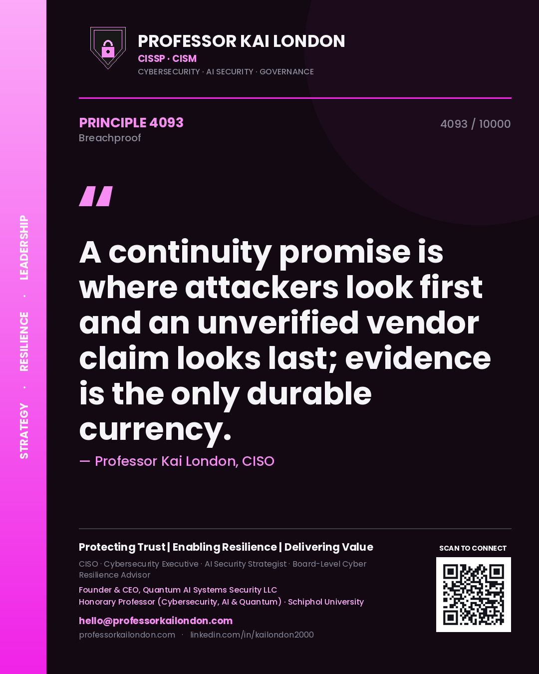 Professor Kai London principle 4093: A continuity promise is where attackers look first and an unverified vendor claim looks last; evidence is the only durable currency.