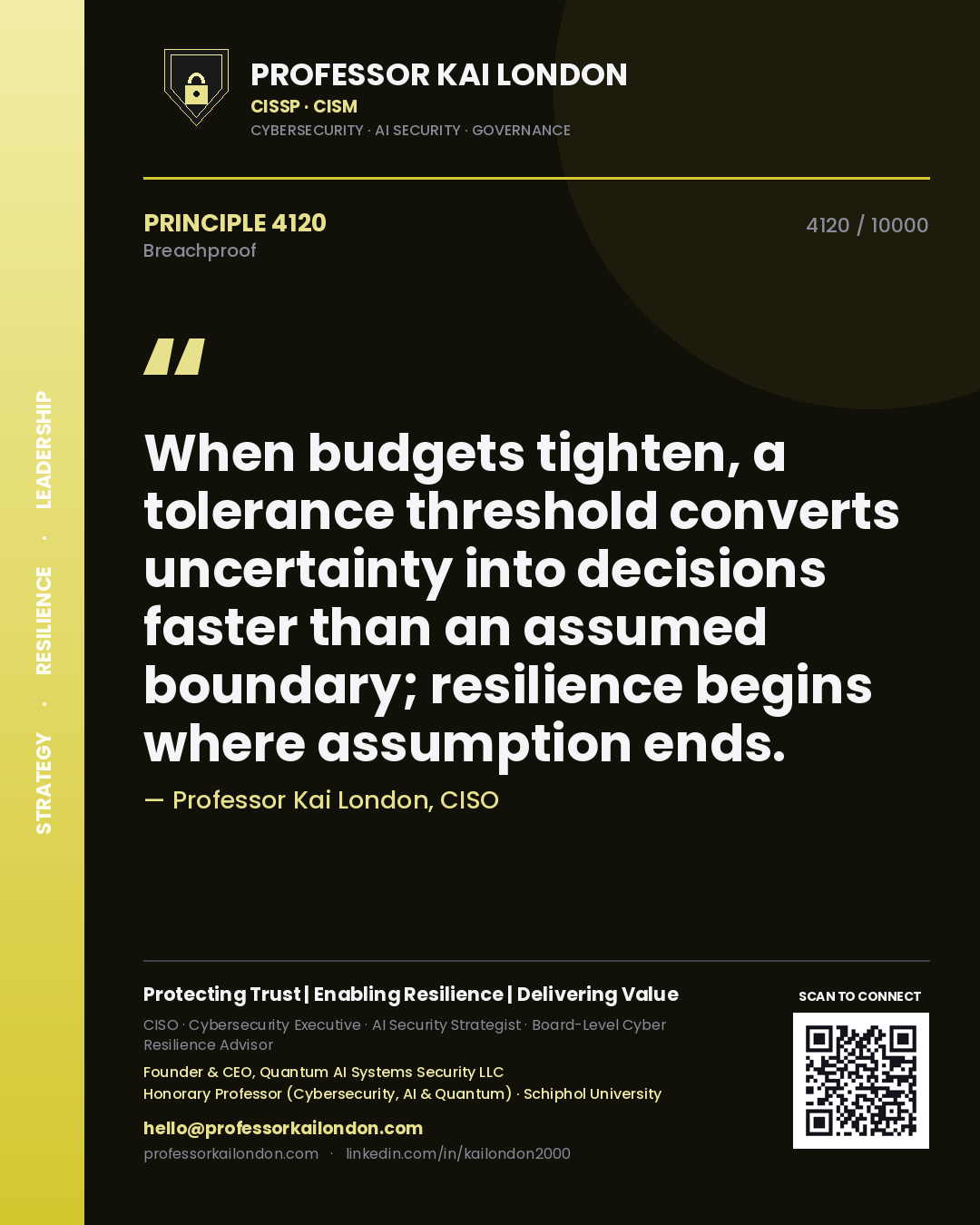 Professor Kai London principle 4120: When budgets tighten, a tolerance threshold converts uncertainty into decisions faster than an assumed boundary; resilience begins where assumption ends.