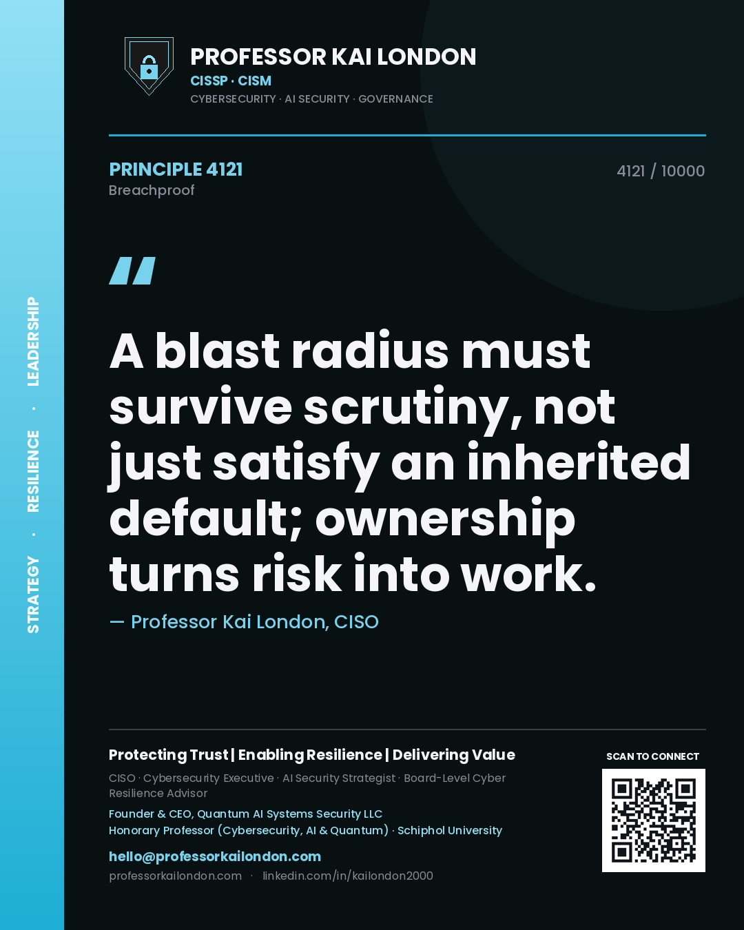 Professor Kai London principle 4121: A blast radius must survive scrutiny, not just satisfy an inherited default; ownership turns risk into work.