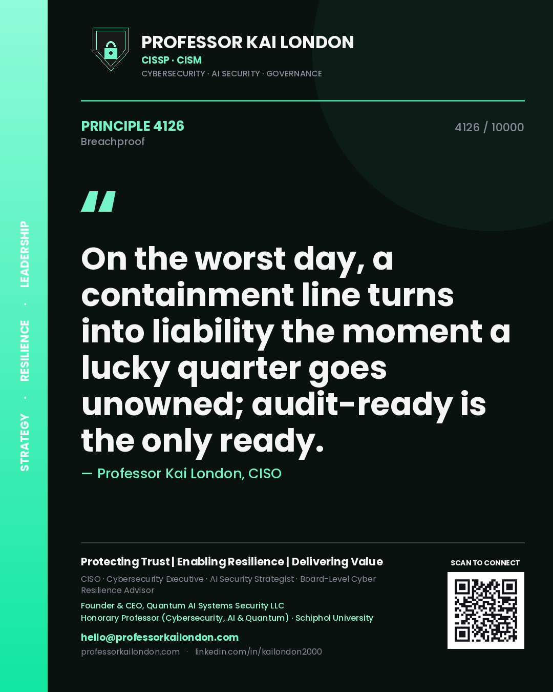 Professor Kai London principle 4126: On the worst day, a containment line turns into liability the moment a lucky quarter goes unowned; audit-ready is the only ready.