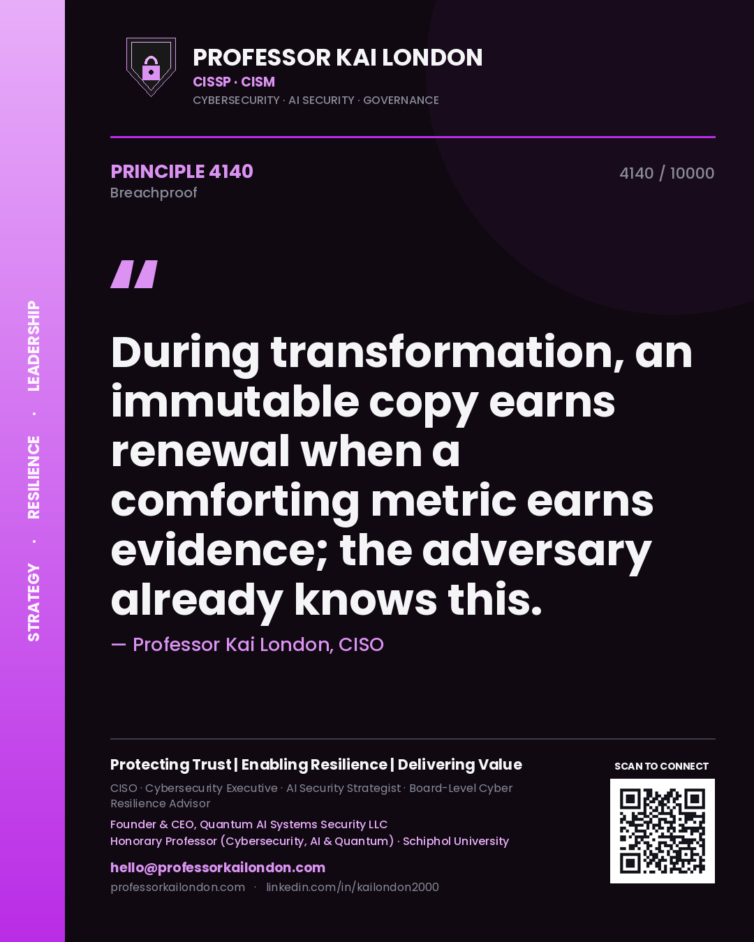 Professor Kai London principle 4140: During transformation, an immutable copy earns renewal when a comforting metric earns evidence; the adversary already knows this.