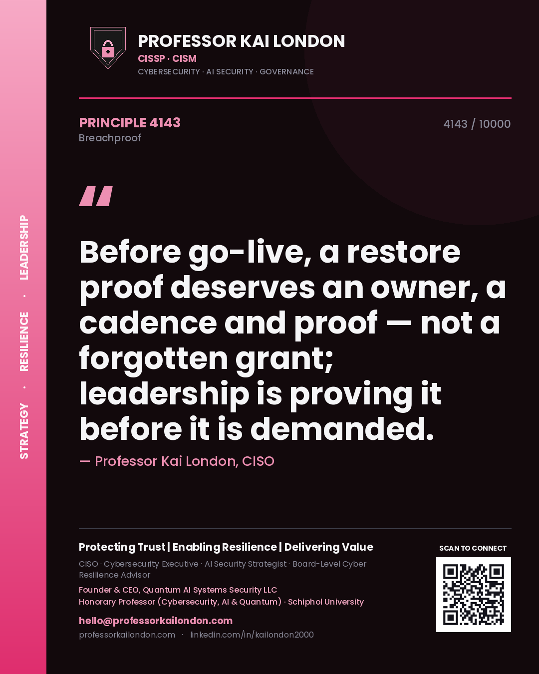 Professor Kai London principle 4143: Before go-live, a restore proof deserves an owner, a cadence and proof — not a forgotten grant; leadership is proving it before it is demanded.