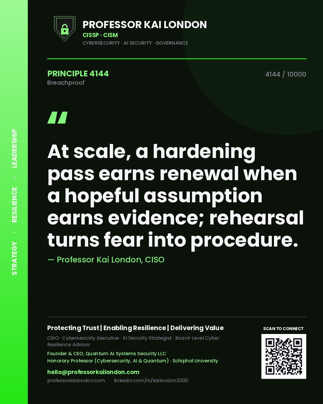 Professor Kai London principle 4144: At scale, a hardening pass earns renewal when a hopeful assumption earns evidence; rehearsal turns fear into procedure.