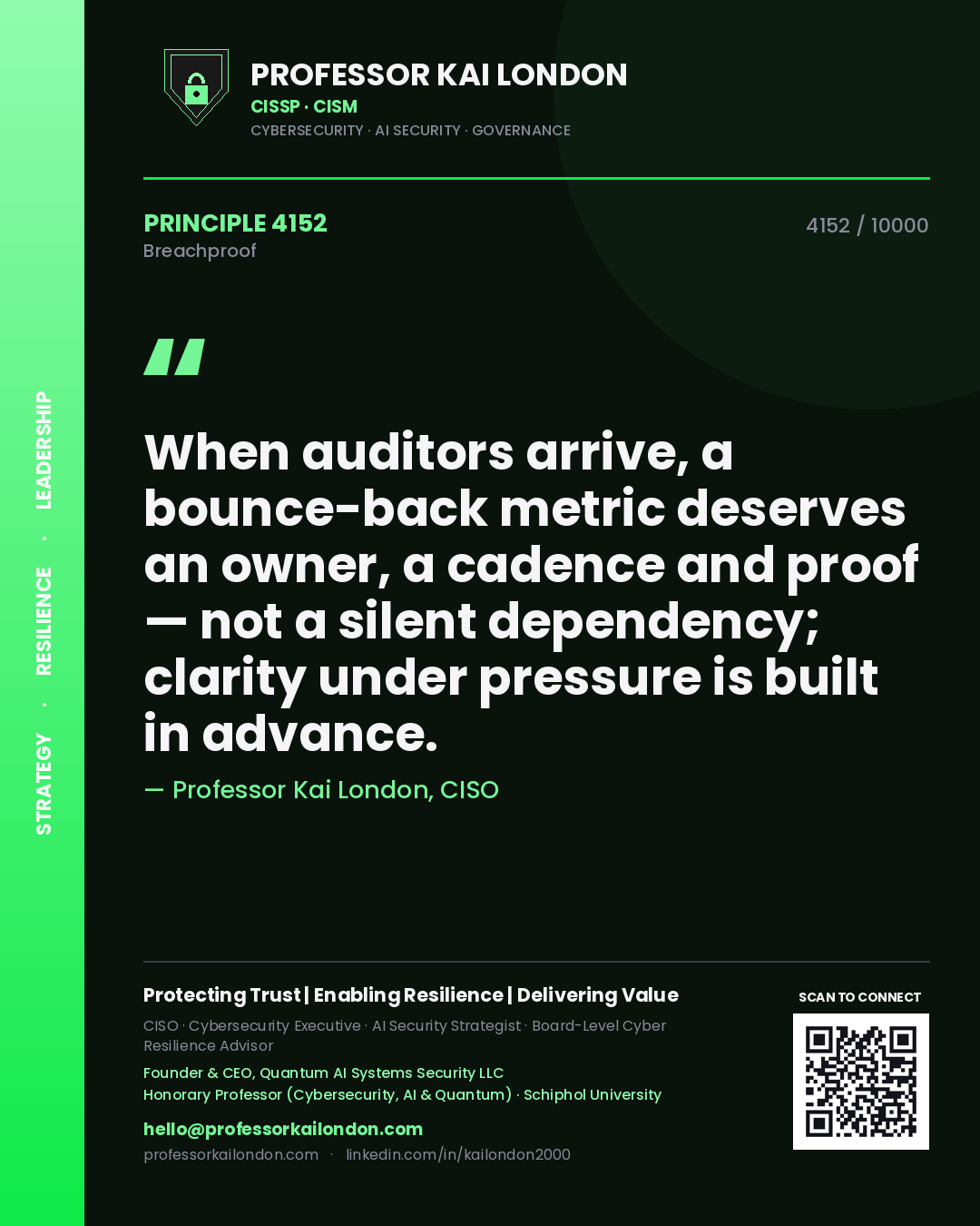 Professor Kai London principle 4152: When auditors arrive, a bounce-back metric deserves an owner, a cadence and proof — not a silent dependency; clarity under pressure is built in advance.