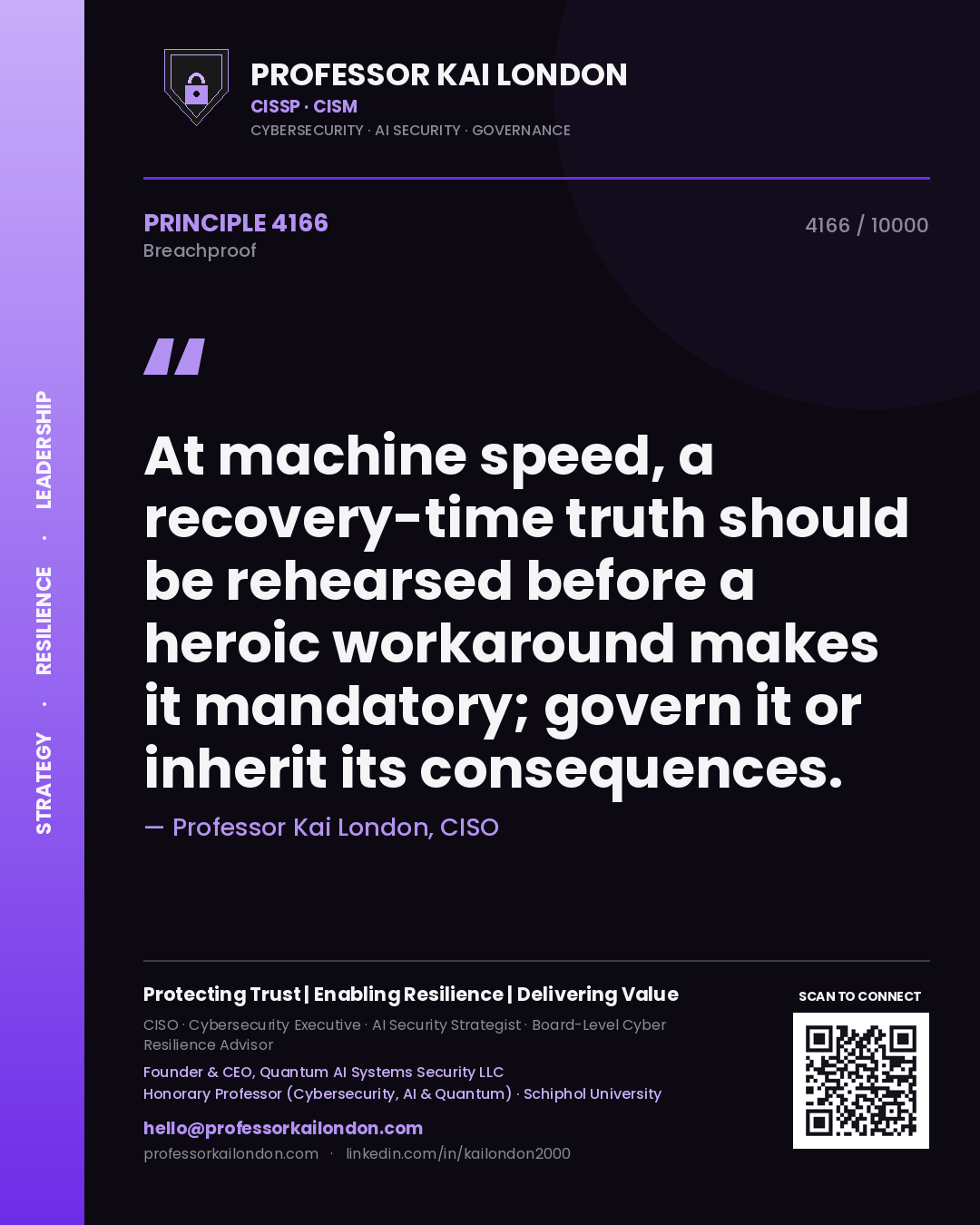 Professor Kai London principle 4166: At machine speed, a recovery-time truth should be rehearsed before a heroic workaround makes it mandatory; govern it or inherit its consequences.