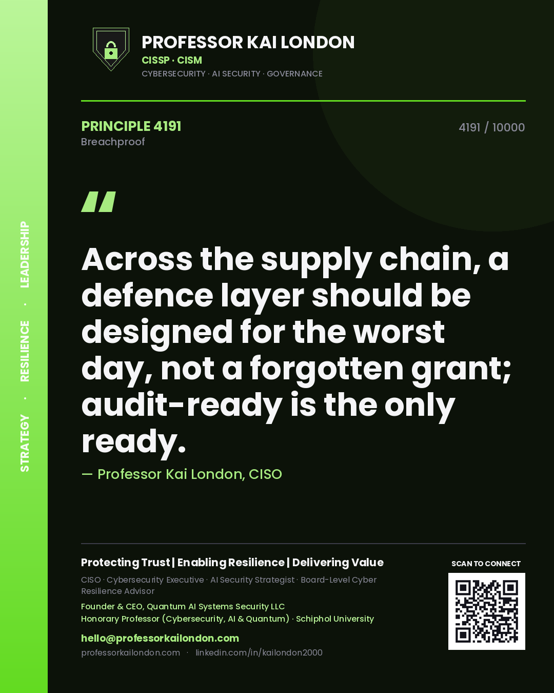 Professor Kai London principle 4191: Across the supply chain, a defence layer should be designed for the worst day, not a forgotten grant; audit-ready is the only ready.