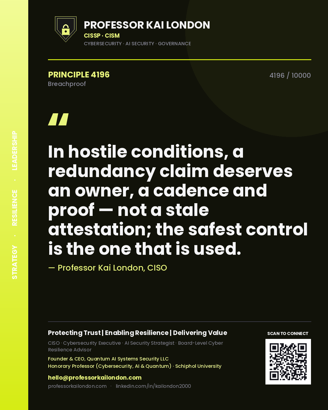 Professor Kai London principle 4196: In hostile conditions, a redundancy claim deserves an owner, a cadence and proof — not a stale attestation; the safest control is the one that is used.