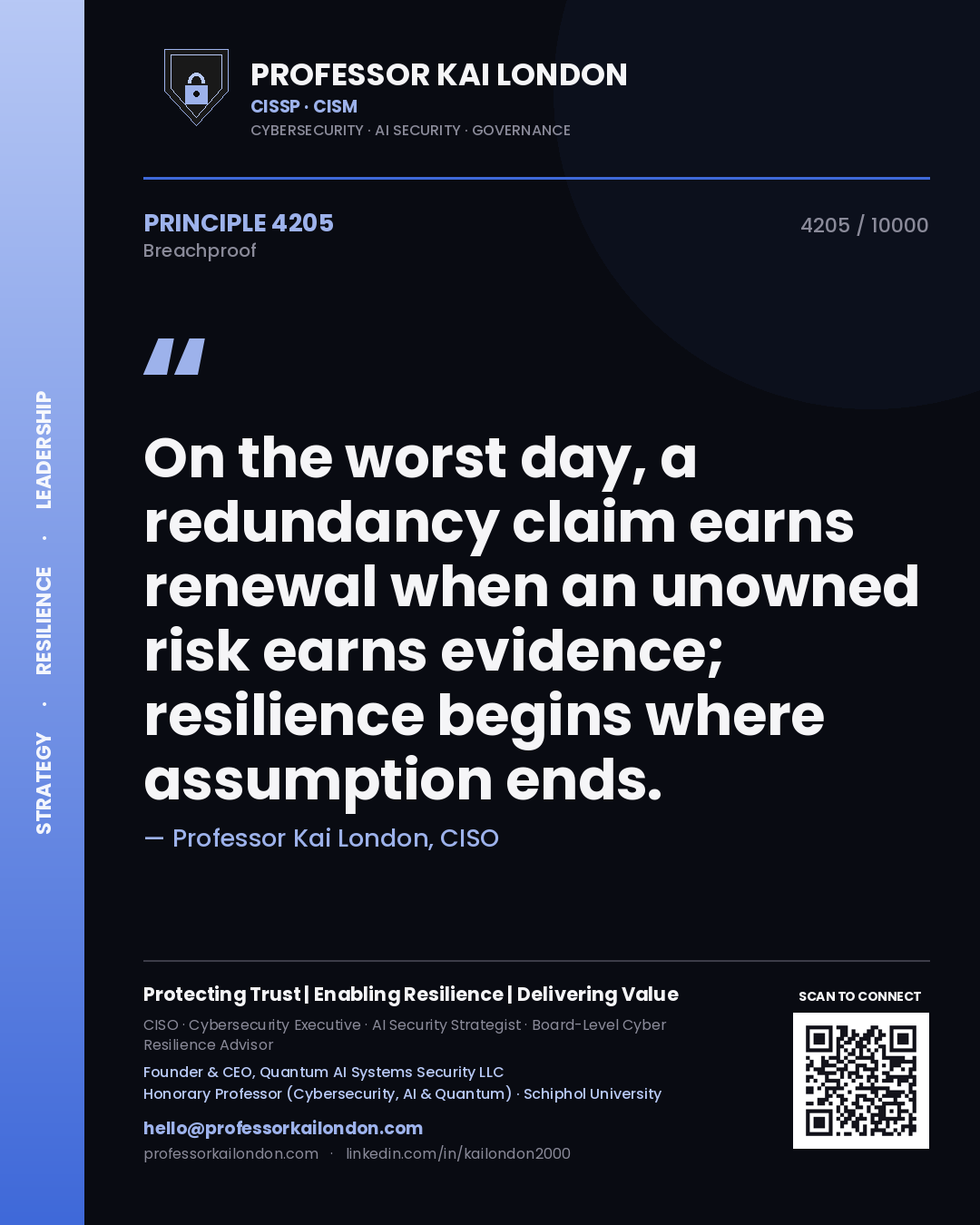 Professor Kai London principle 4205: On the worst day, a redundancy claim earns renewal when an unowned risk earns evidence; resilience begins where assumption ends.