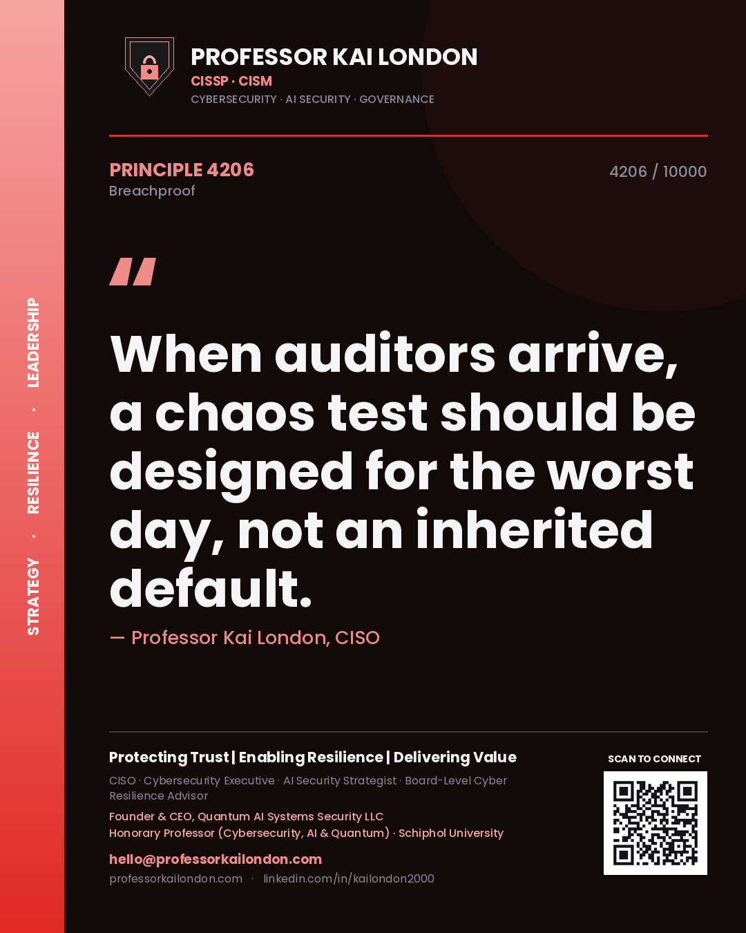 Professor Kai London principle 4206: When auditors arrive, a chaos test should be designed for the worst day, not an inherited default.